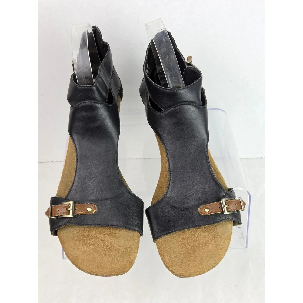 Aerosoles Womens 9 Yet Another Black Leather Wedge Sandals  Strappy Buckle